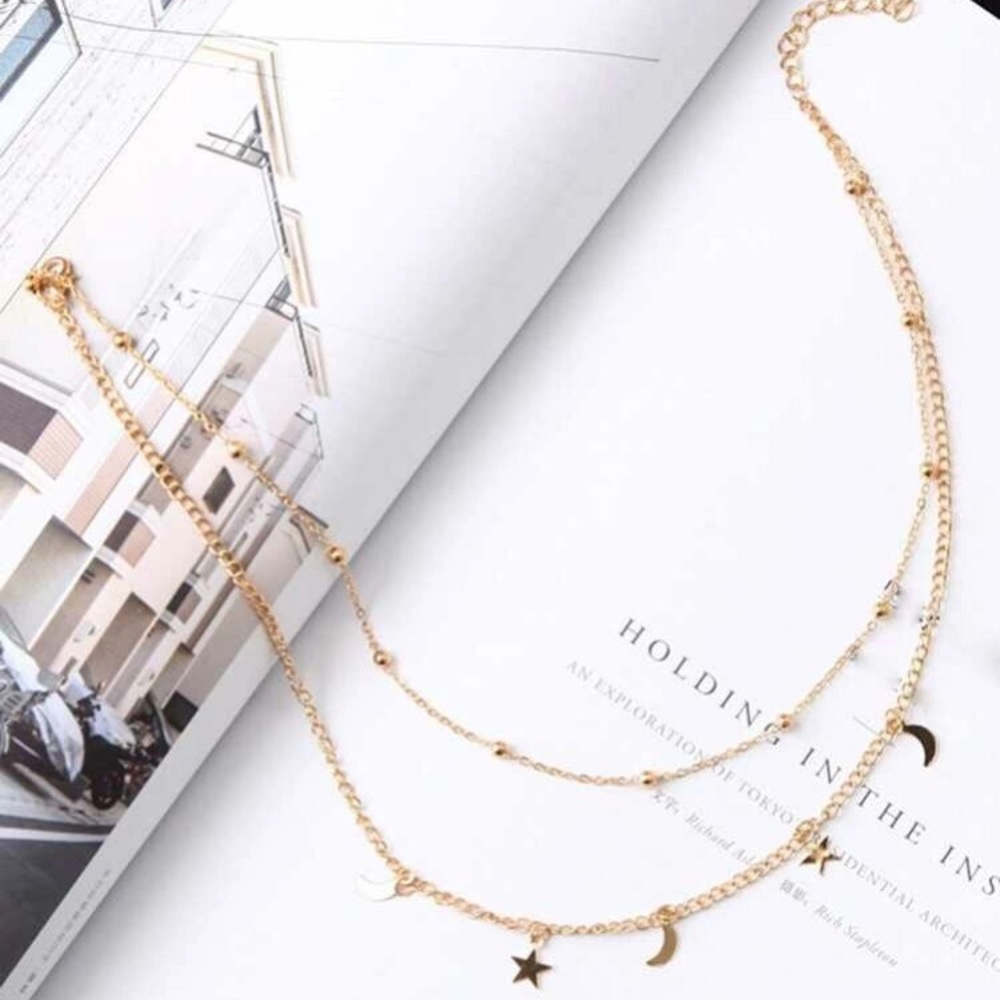 🌙 Crescent Boho Moon and star double layered ball chain necklace - Picture 4 of 4